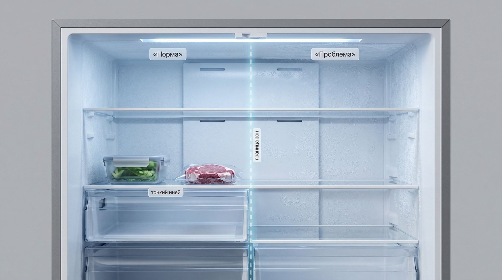 Аккуратная современная морозильная камера в разрезе, вид сбоку, без брендов. Внутри две условные зоны, разделенные вертикальной пунктирной линией. Слева — зона «Норма»: на стенках