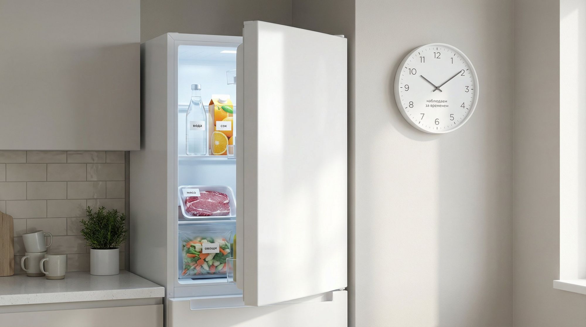 Современная кухня в спокойных тонах, на переднем плане крупным планом стоит стандартный двухкамерный холодильник. Дверь холодильной камеры чуть приоткрыта, внутри видны простые