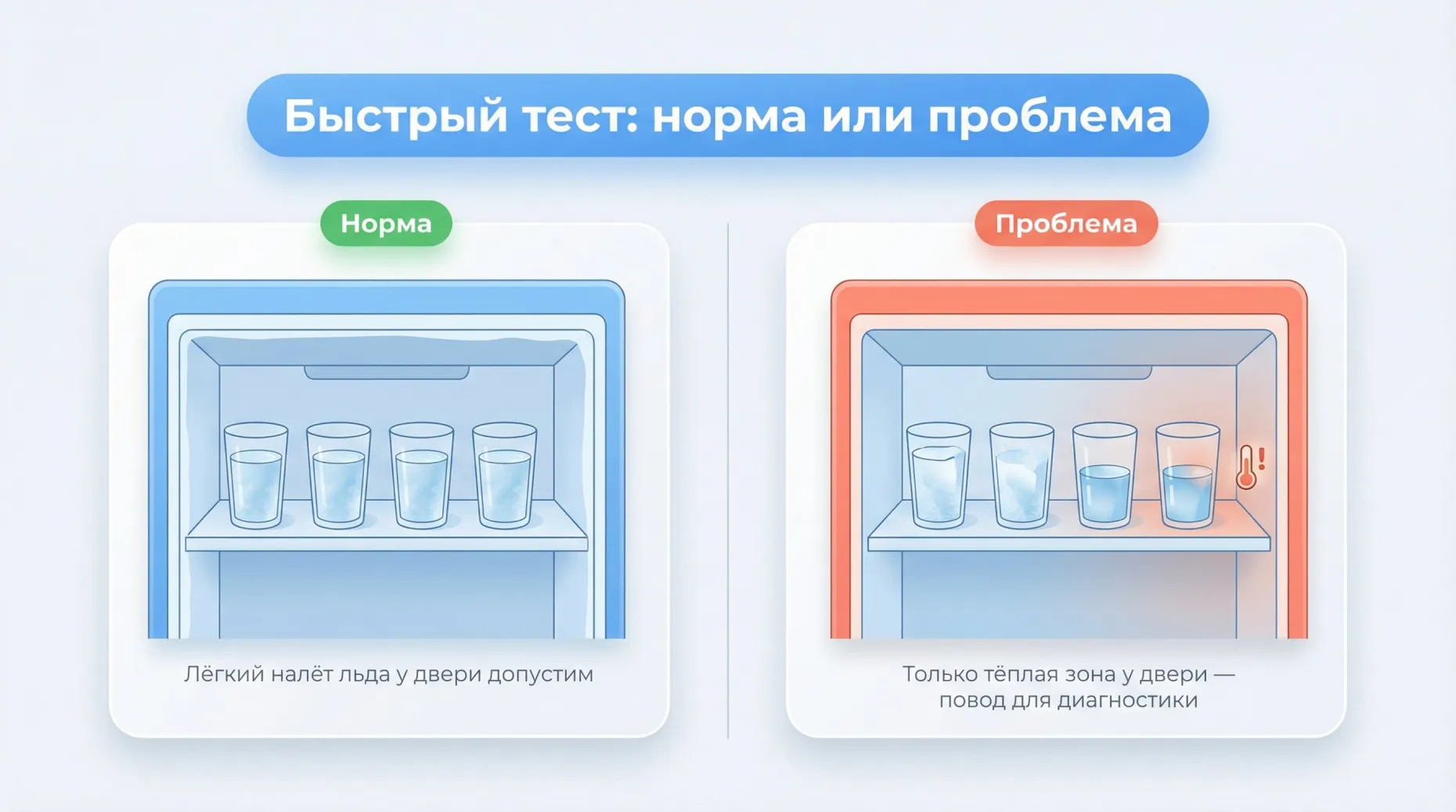 Небольшая схематичная морозильная камера в разрезе, вид спереди с прозрачной стенкой, чтобы были хорошо видны зоны разной температуры. Корпус выполнен в минималистичном