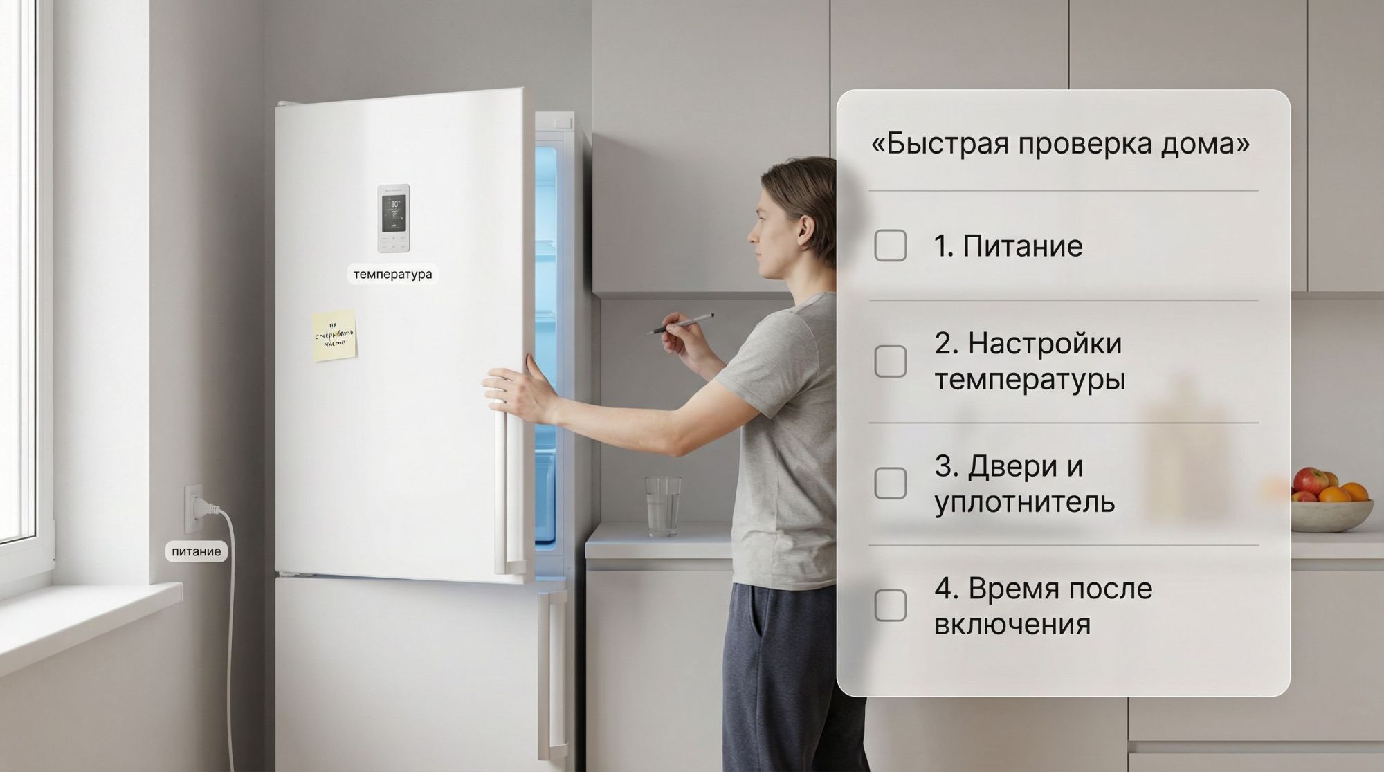 Горизонтальная иллюстрация: кухня в современном минималистичном стиле, в центре — стандартный двухкамерный холодильник. Рядом стоит хозяин в домашней одежде, одной рукой держится