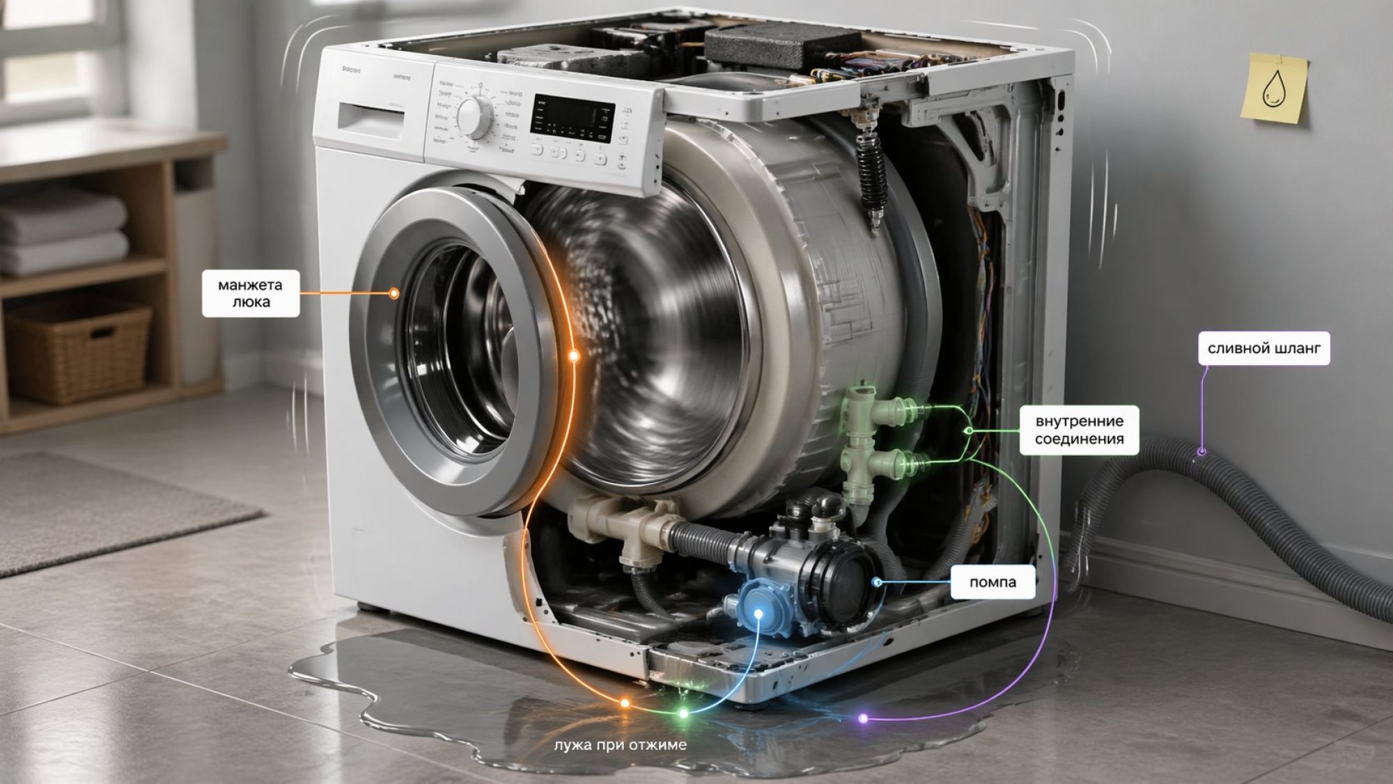 Изометрический разрез стиральной машины в момент активного отжима. Машина показана без верхней крышки и частично без боковой стенки, виден бак, барабан и нижняя зона с насосом и