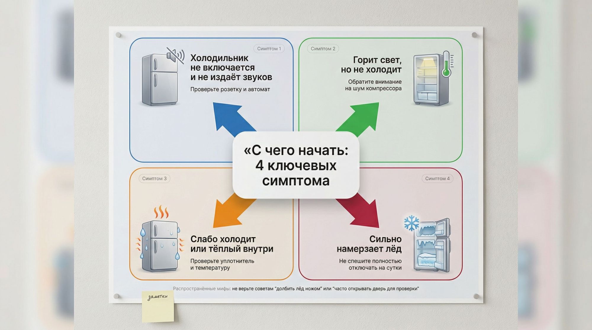 Инфографика в виде крупной квадратной схемы «Тип неисправности по симптомам». В центре большой заголовок: «С чего начать: 4 ключевых симптома». От центра расходятся четыре толстые
