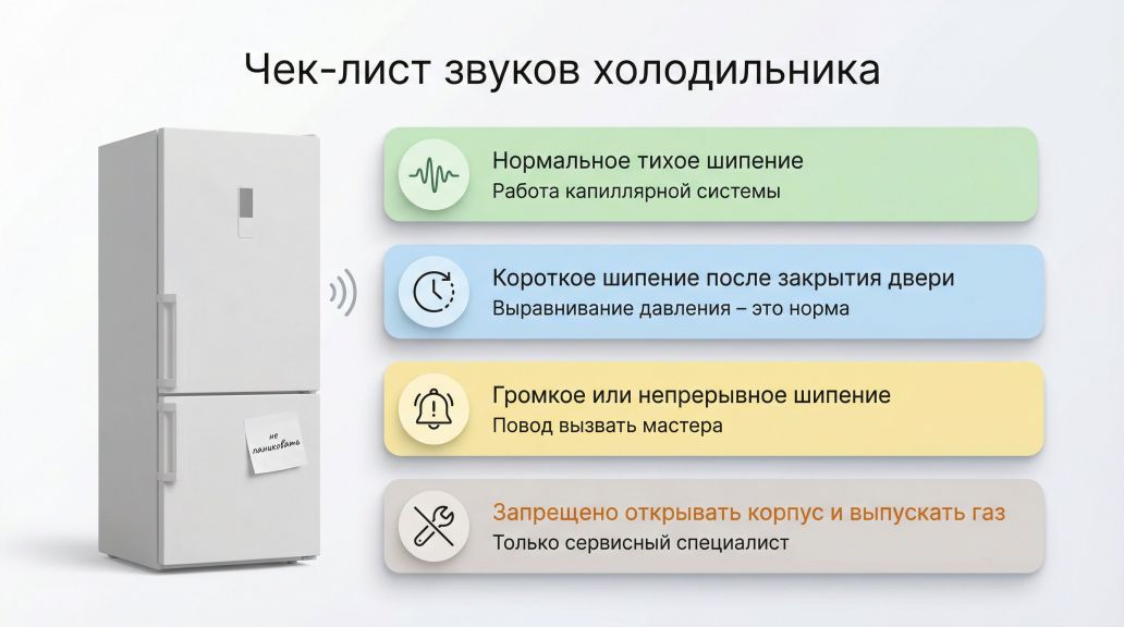 Инфографика в виде вертикального чек-листа слева направо: слева крупная иконка холодильника в спокойных нейтральных тонах, от него вправо отходят четыре широкие горизонтальные