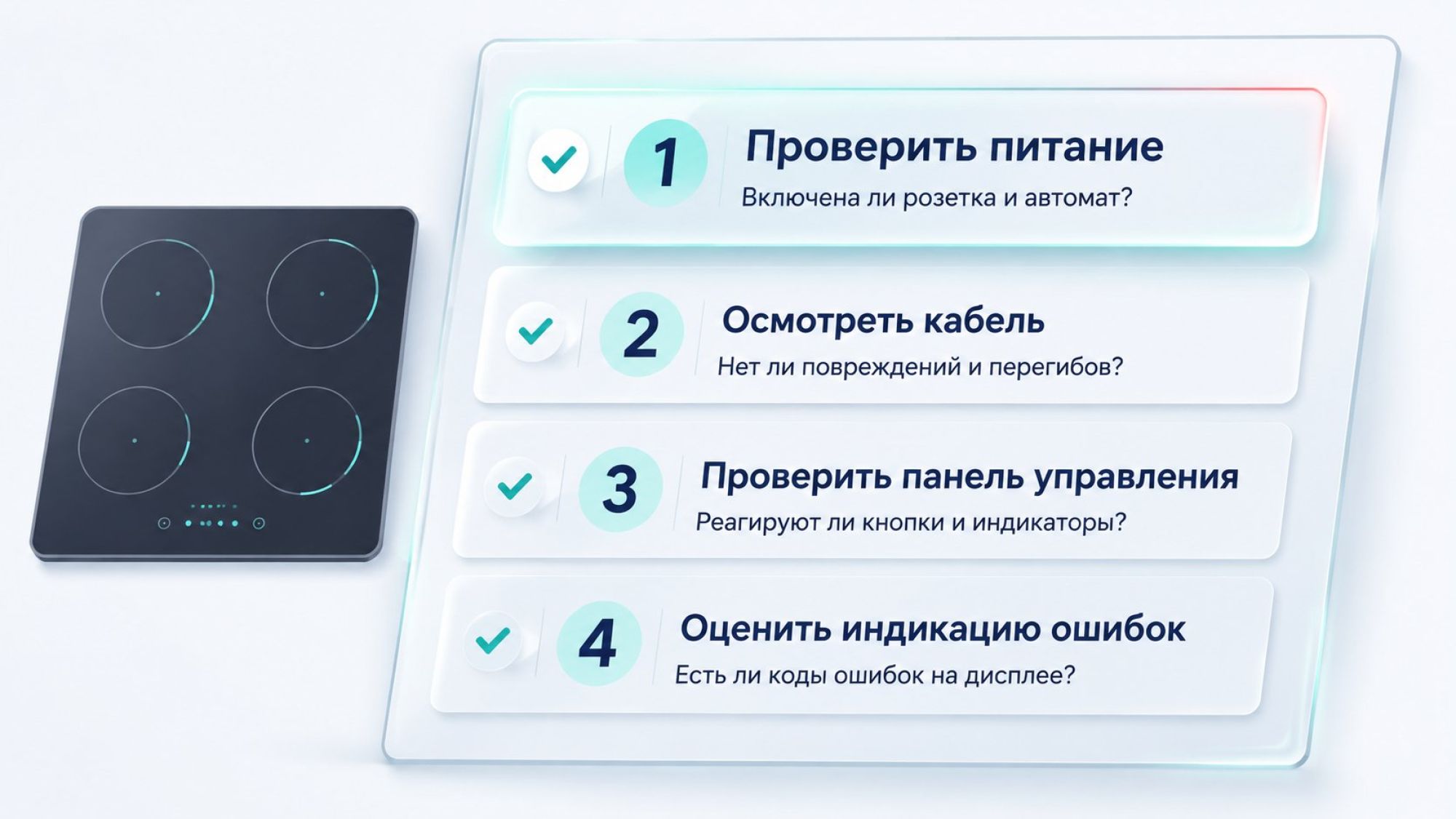 Современная кухня в спокойных тонах, центральный крупный план — стеклокерамическая варочная панель. Вокруг нее визуально показан «быстрый чек‑лист» в виде пяти–шести лаконичных