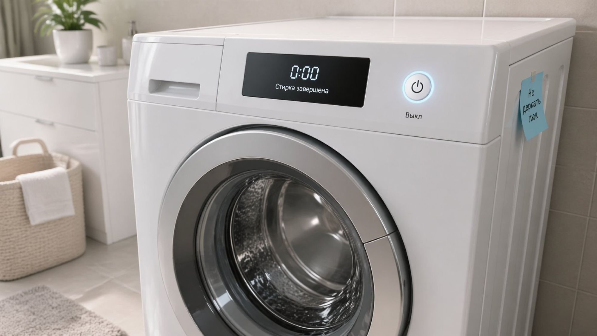 Современная стиральная машина в интерьере ванной, вид чуть сверху и сбоку. На передней панели крупным планом видна кнопка питания с иконкой «⏻» и вокруг нее мягкое свечение, рядом