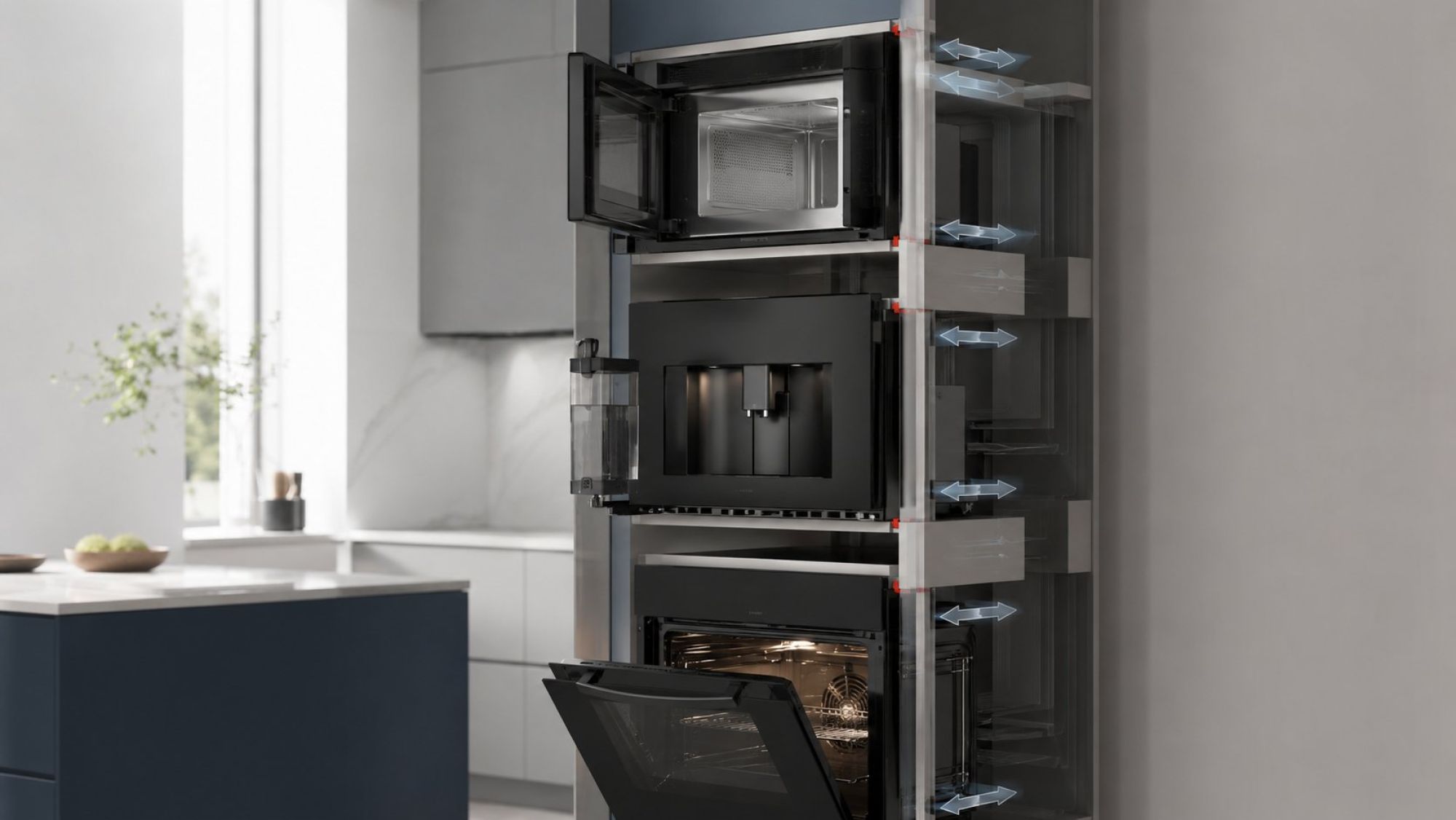Чистая продуктовая 3D/flat-иллюстрация высокой кухонной колонны в разрезе на светлом холодном фоне: в вертикальном пенале расположены микроволновая печь, кофемашина и паровой шкаф