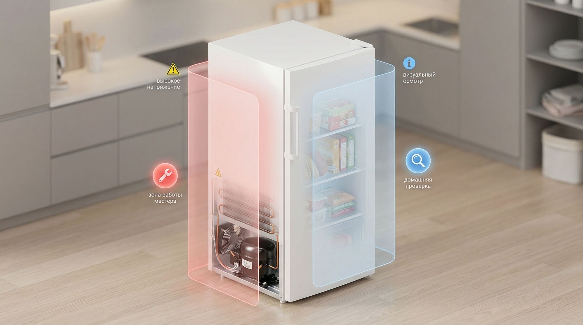 Современный аккуратный постер в изометрии: спереди большая напольная морозильная камера, дверца закрыта, вокруг полупрозрачными слоями показаны основные «опасные зоны». Слева от
