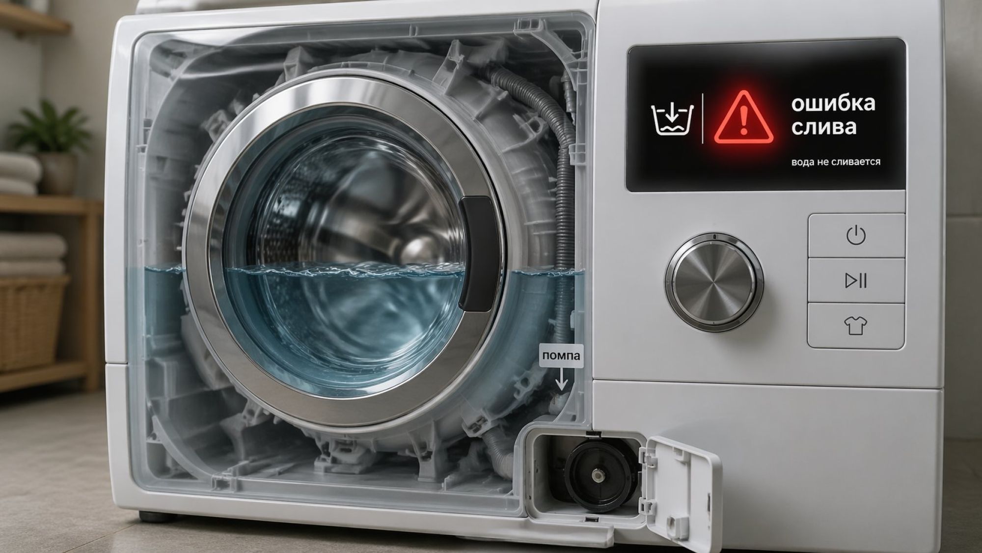 Современная стиральная машина в разрезе, вид сбоку, на уровне глаз. Через полупрозрачный бак видно, что внутри стоит вода примерно на середину люка, барабан чуть вращается