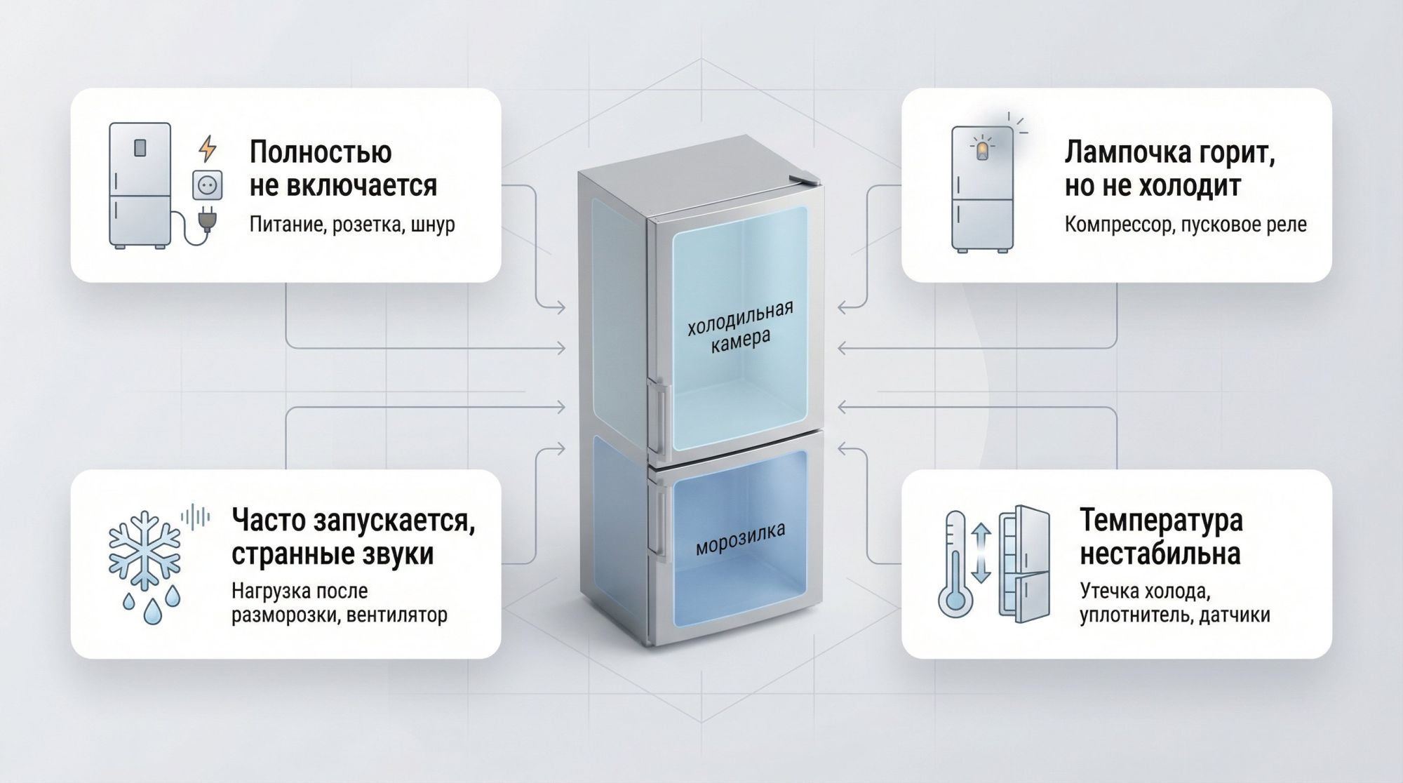 Горизонтальная инфографика на светлом фоне: по центру стилизованный холодильник в разрезе, вокруг него четыре крупные карточки-сценария с иконками и подписями. В центре