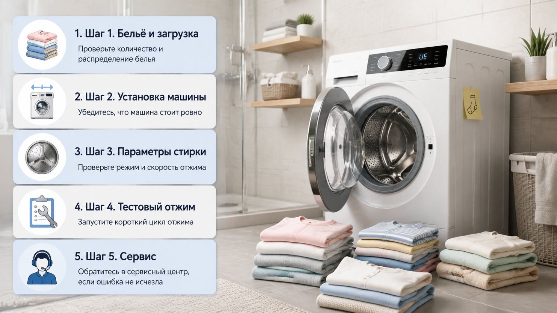 Что делать Современная стиральная машина LG в светлой ванной, дверца чуть приоткрыта, рядом на полу аккуратные стопки белья. Слева от машины вертикальный чек‑лист из 5 крупных шагов, каждый