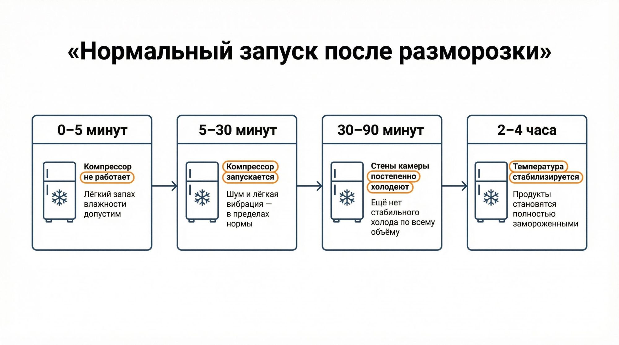 Горизонтальная инфографика «по времени» с четырьмя крупными блоками, каждый — с мини-иконкой морозильной камеры и короткими подписями. Вверху над всей схемой заголовок