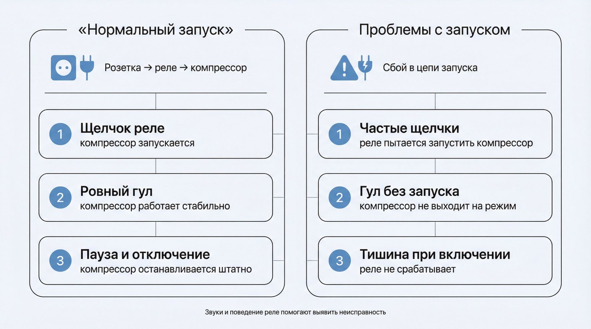 Схема с двумя вертикальными блоками «Нормальный запуск» и «Проблемы с запуском», чтобы показать звук и поведение реле и компрессора. Слева блок «Нормальный запуск» с иконкой