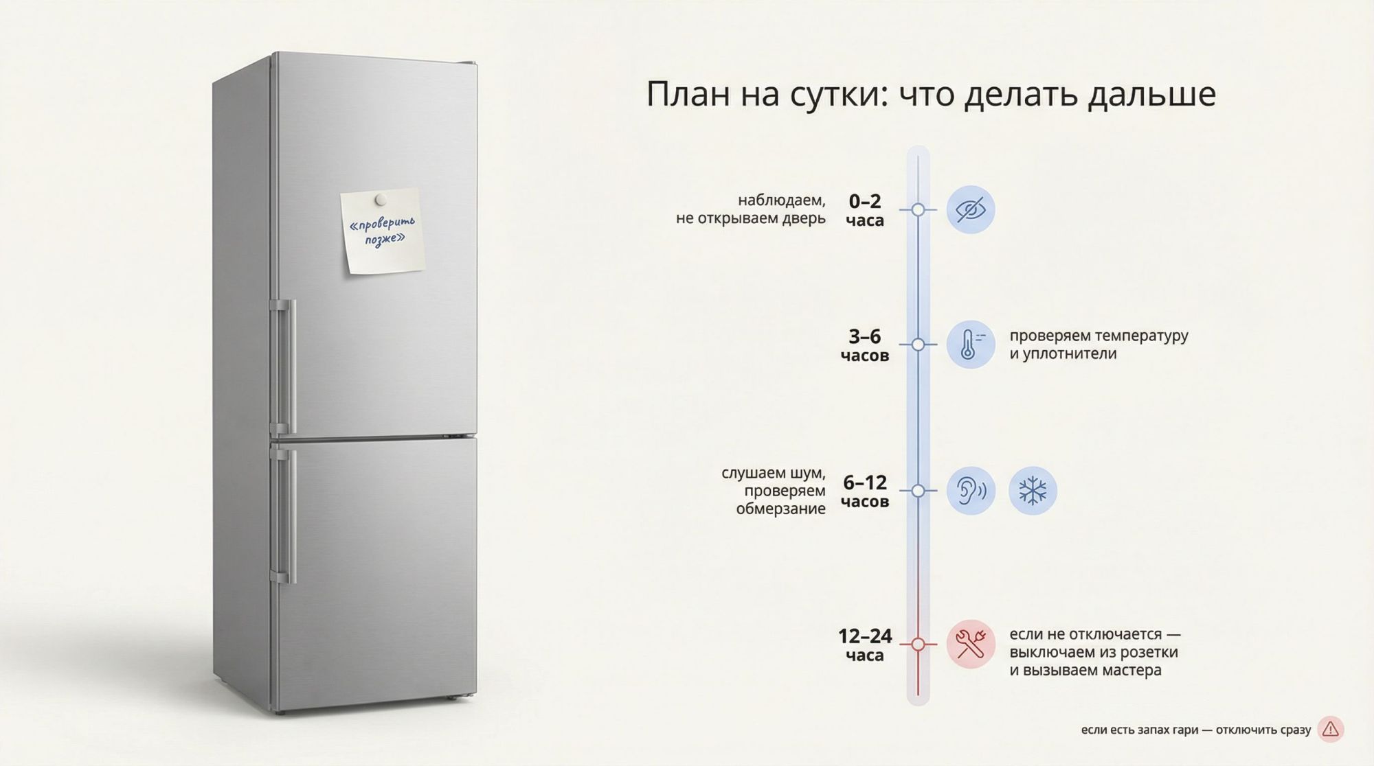 Инфографика в виде вертикальной шкалы на сутки с делениями по времени и простым планом действий при «неотключающемся» холодильнике. Фон светлый, слева силуэт современного