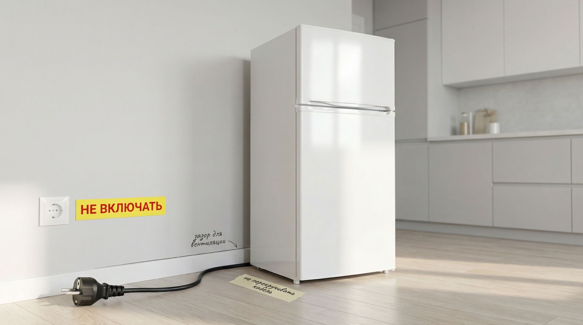 Современная кухня в нейтральных тонах, в центре — стандартный двухкамерный холодильник, немного отодвинутый от стены. На крупном плане видна вилка холодильника, выдернутая из