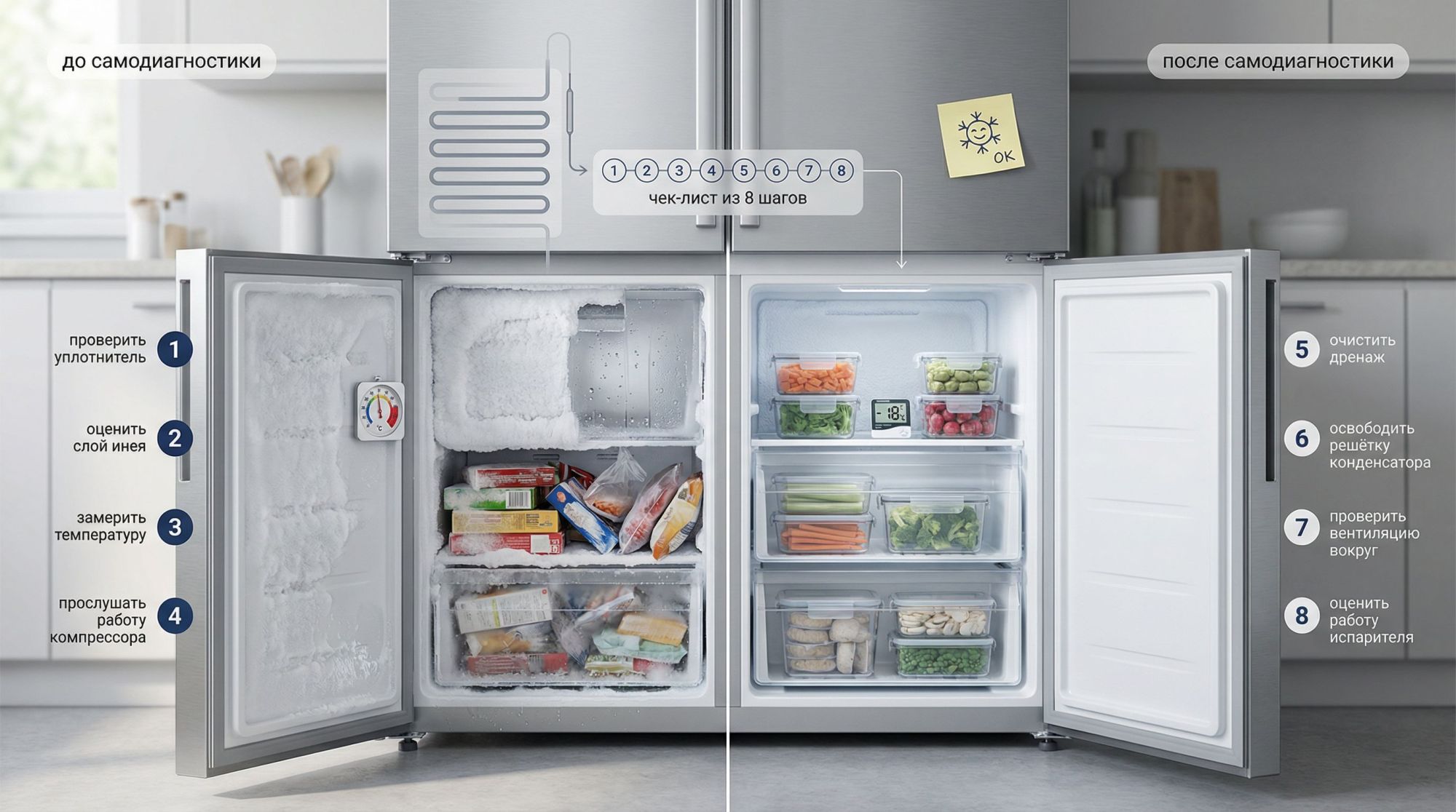 Горизонтальный рисунок в современном минималистичном стиле: вид на открытый холодильник/морозильник в кухне, разделённый визуально на две части. Левая половина сцены — этап «до