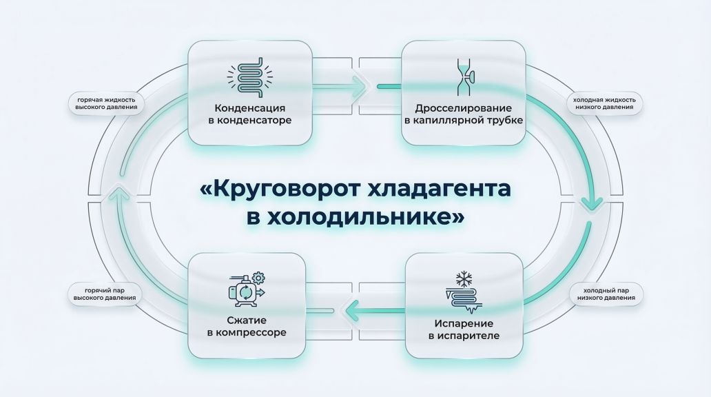 Горизонтальная инфографика в виде замкнутого кольца или овала, разделенного на четыре крупных сегмента, каждый — этап базового цикла холода. В центре овала заголовок: «Круговорот