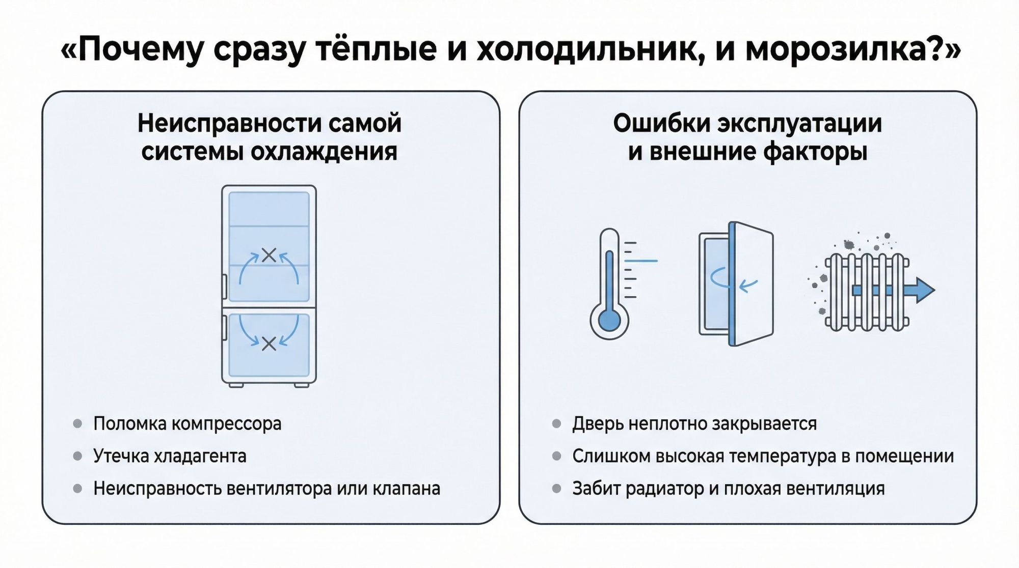 Вертикальная инфографика «Тип системы → что вы видите → возможная поломка». Вверху крупный заголовок по центру: «Тип и симптомы: почему обе камеры тёплые». Ниже три горизонтальные