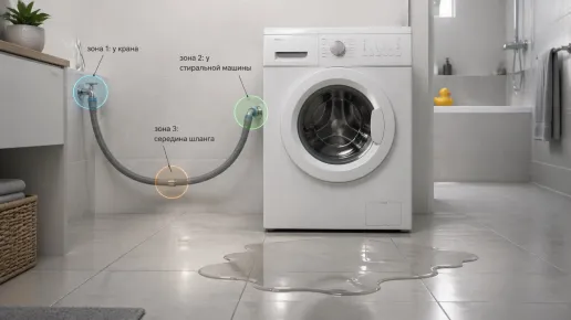 Аккуратная современная ванная комната в нейтральных тонах, на переднем плане стиральная машина у стены. На полу перед машиной небольшая лужа воды. От задней части стиралки к