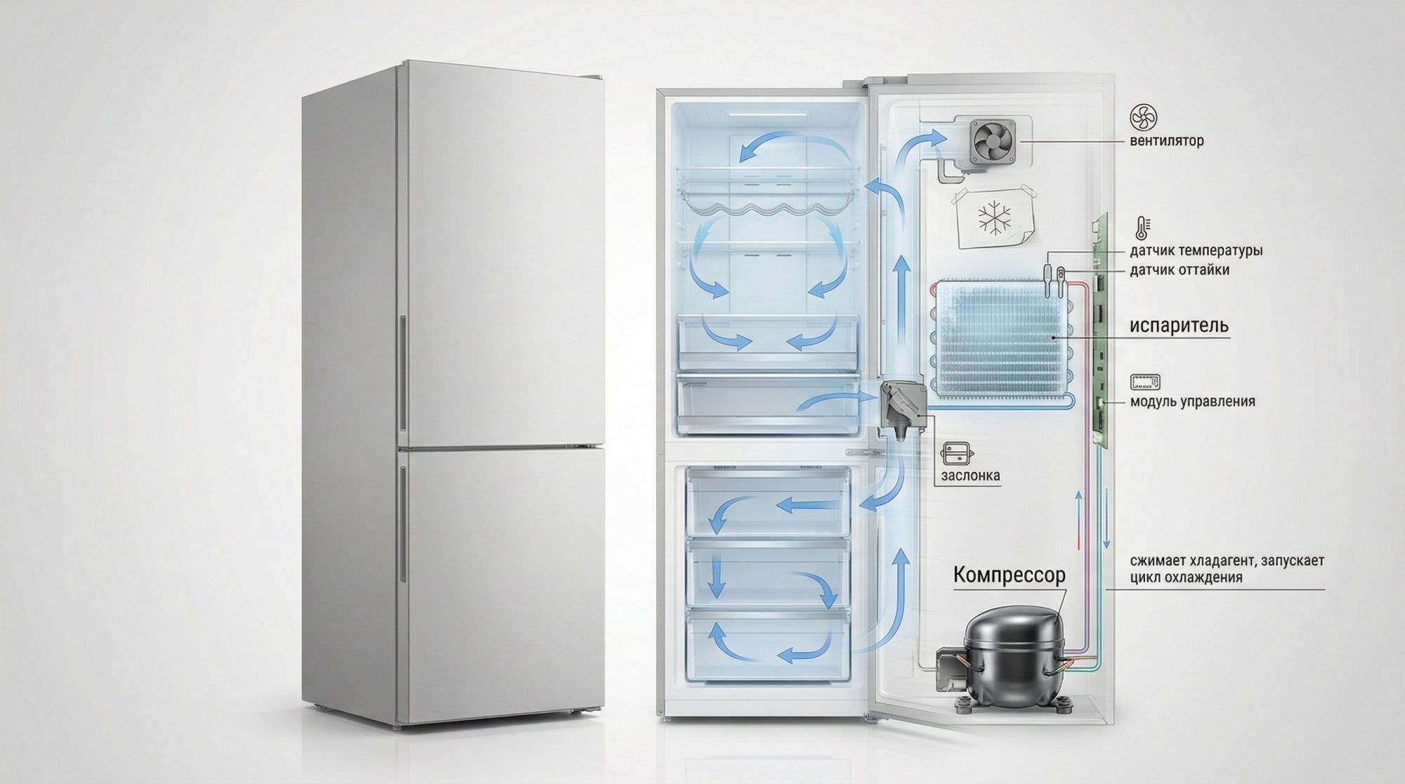Схематичный разрез современной двухкамерной холодильника No Frost сбоку: слева показан внешний корпус в мягких серо-белых тонах, справа — «просвечивающая» схема внутренних узлов
