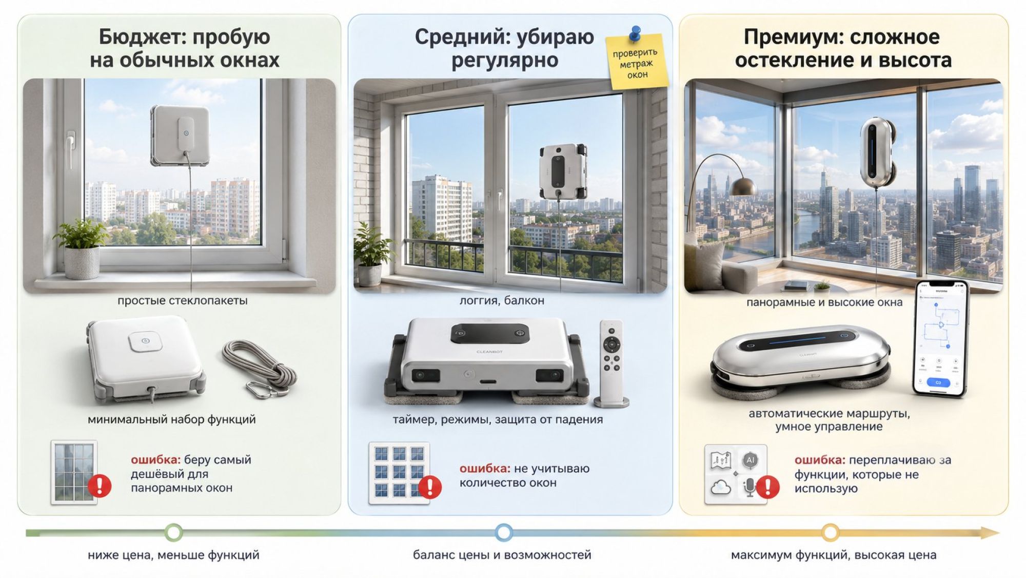 Горизонтальная инфографика‑линейка на светлом фоне, разделённая на три крупные вертикальные колонки с мягкими границами: слева «Бюджет», в центре «Средний», справа «Премиум». В