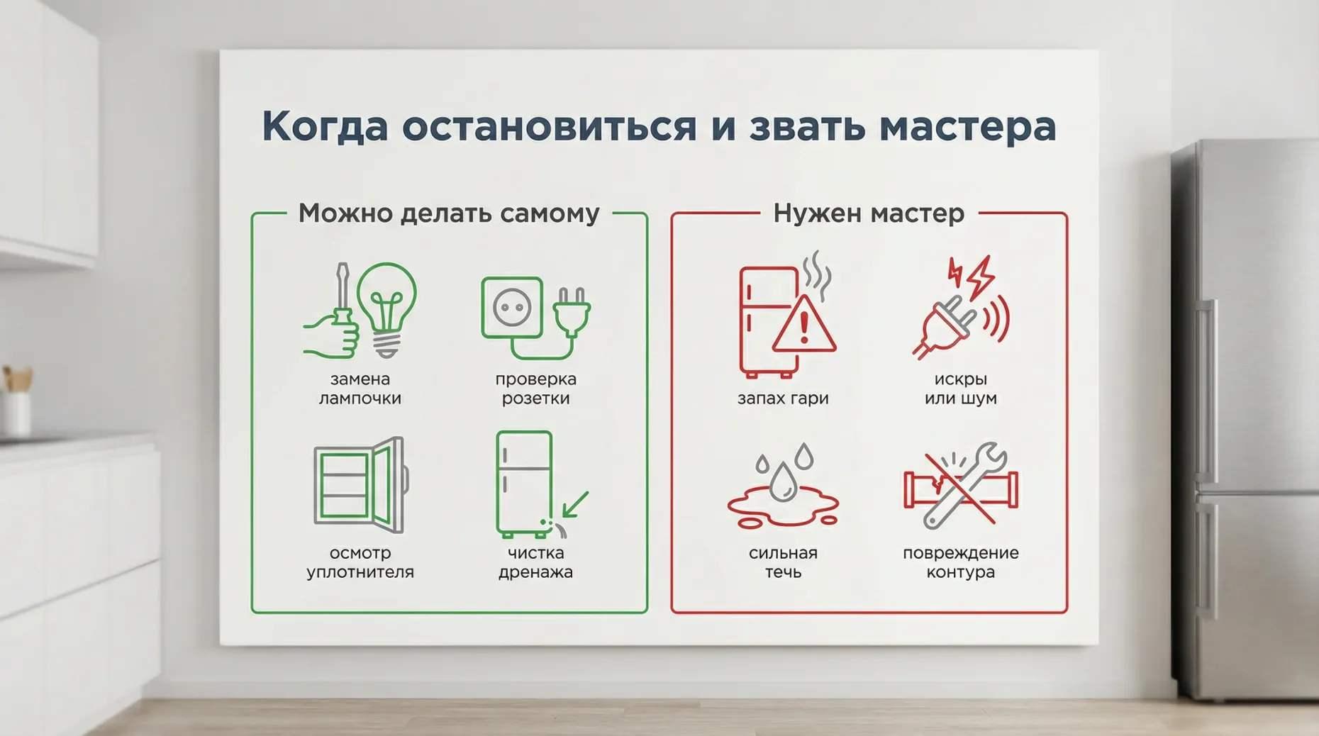 Инфографика в современном минималистичном стиле на светлом фоне: вертикальный блок с крупным заголовком сверху «Когда остановиться и звать мастера». Под заголовком две колонки с