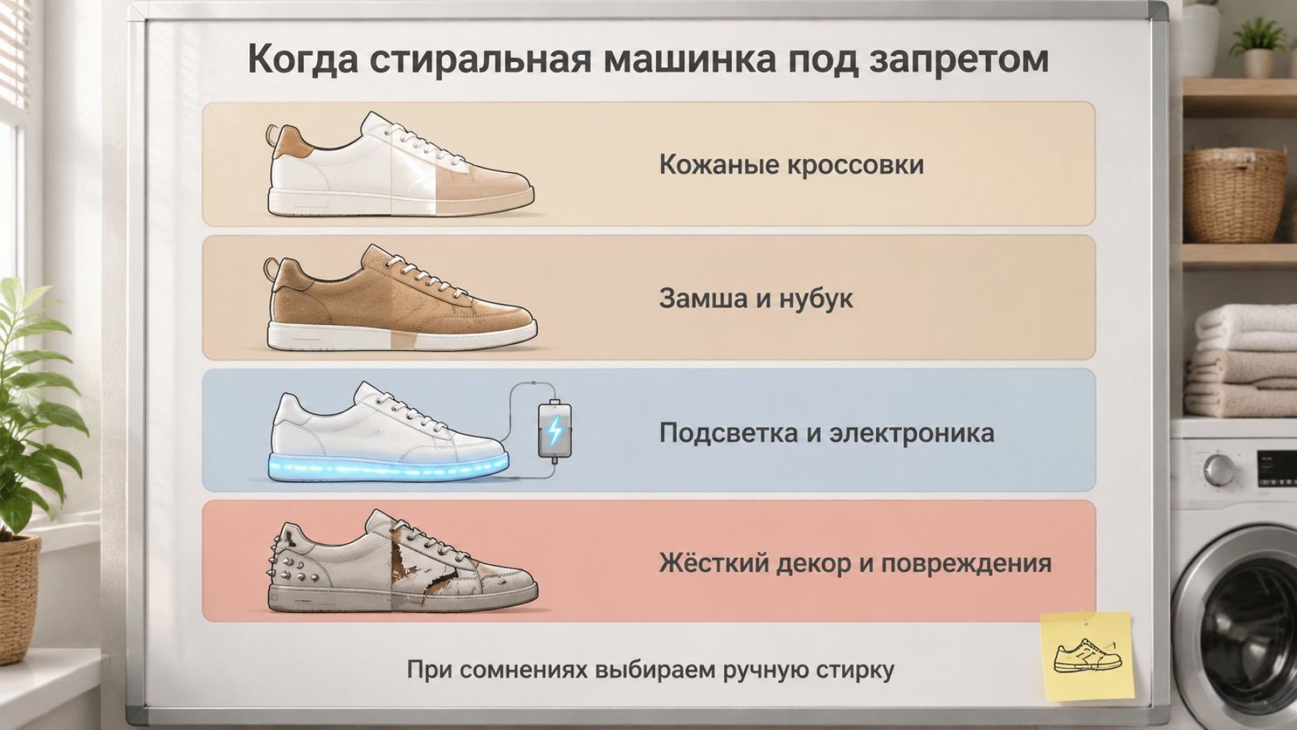 Инфографика в виде вертикального списка с заголовком сверху. Вверху крупный заголовок по центру: «Когда стиральная машинка под запретом». Под ним четыре горизонтальные карточки с