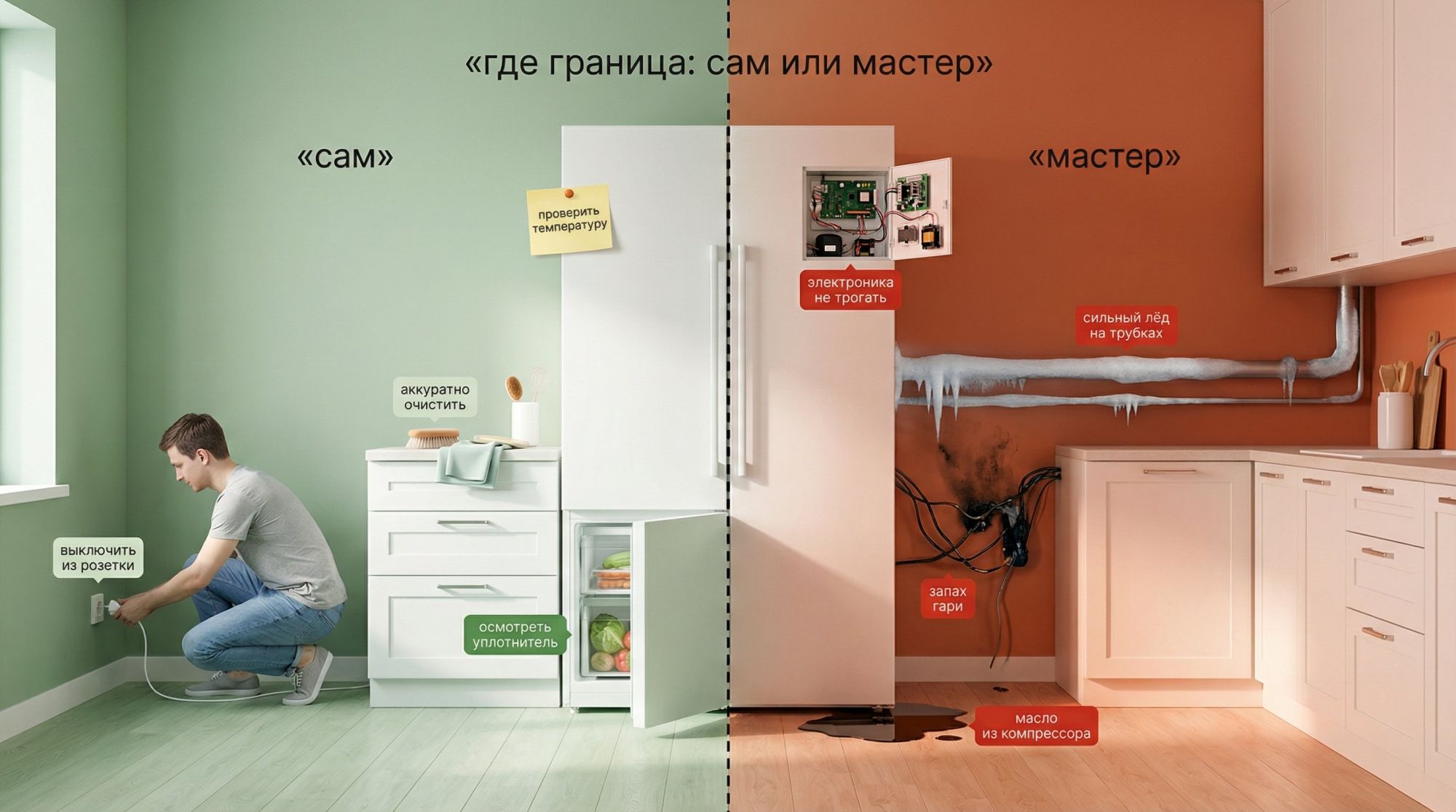 Горизонтальная иллюстрация в современном плоском стиле: кухня с холодильником в центре. Слева от холодильника — зона «Сам» со спокойным зелёным фоном; справа — зона «Мастер» с