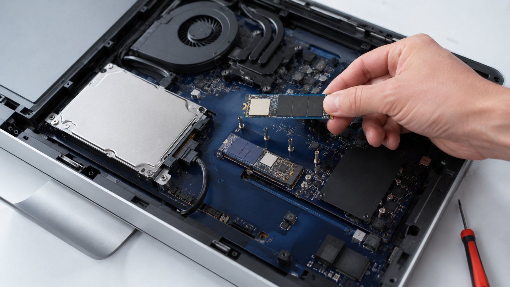 Накопитель: разъемы SATA, M.2 и ограничения длины модуля Плоская clean product-style иллюстрация на светлом холодном фоне: раскрытый корпус моноблока без логотипов, внутри аккуратно показана материнская плата с двумя зонами накопителей
