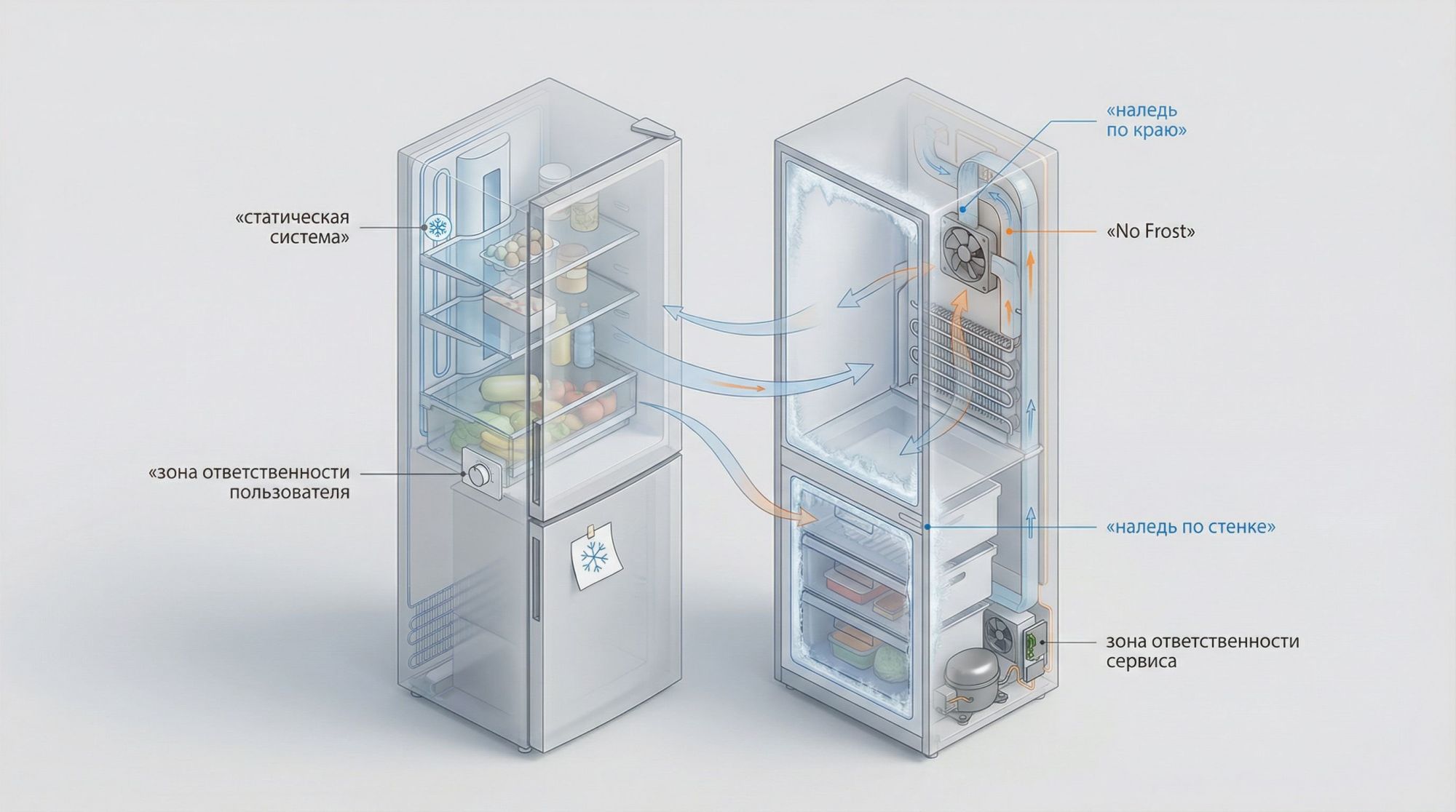 Современный холодильник в разрезе, вид сбоку, минималистичная изометрия. Корпус полупрозрачный, внутри схематично показаны разные узлы: - Слева вверху блок камеры холодильника