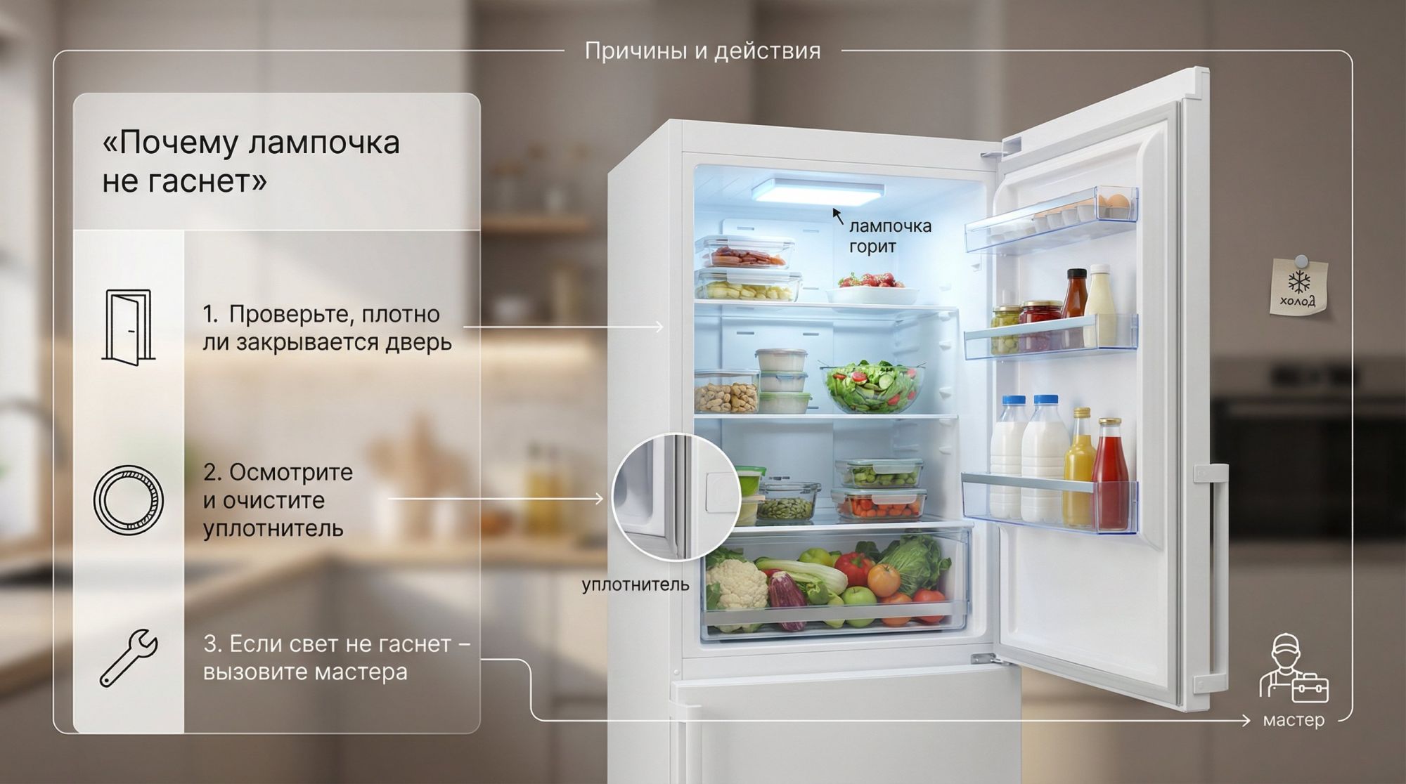 Современный, аккуратный бытовой холодильник в легкой изометрии, дверь приоткрыта на 20–30°. В верхней части камеры заметен светящийся плафон лампочки. Вокруг сцены — аккуратная