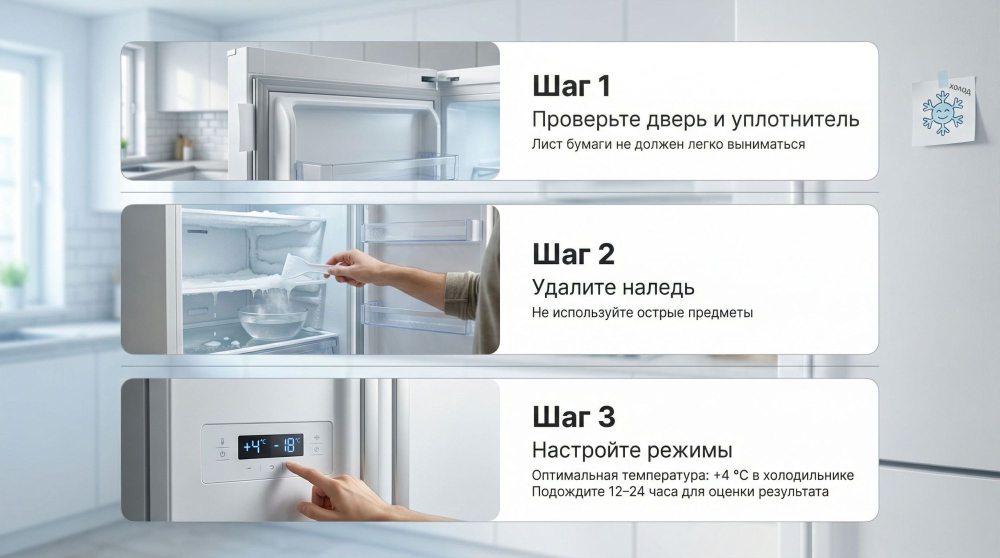 Инфографика в виде вертикальной последовательности из трёх шагов с простыми пiktограммами. Слева от каждого шага — небольшая сцена, справа — текст. Шаг 1 вверху: изображение