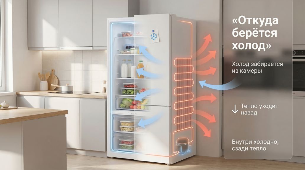 Современная кухня в лёгком изометрическом ракурсе, в центре — обычный белый холодильник. Левая половина корпуса показана как бы «прозрачной», чтобы внутри было видно схематичный