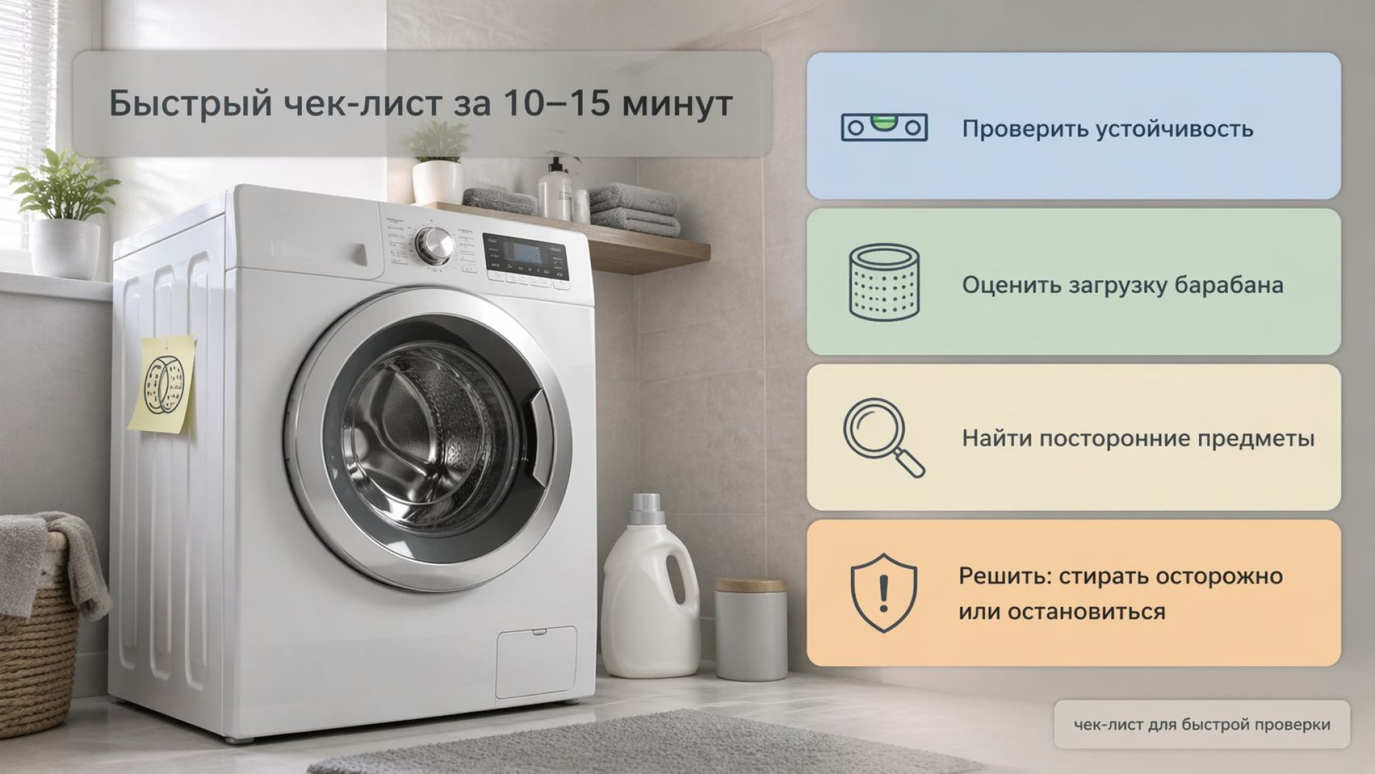 Горизонтальная современная иллюстрация в нейтральных тонах. Слева — стиральная машина в ванной, показана немного в перспективе. Над машиной крупный заголовок на полупрозрачной