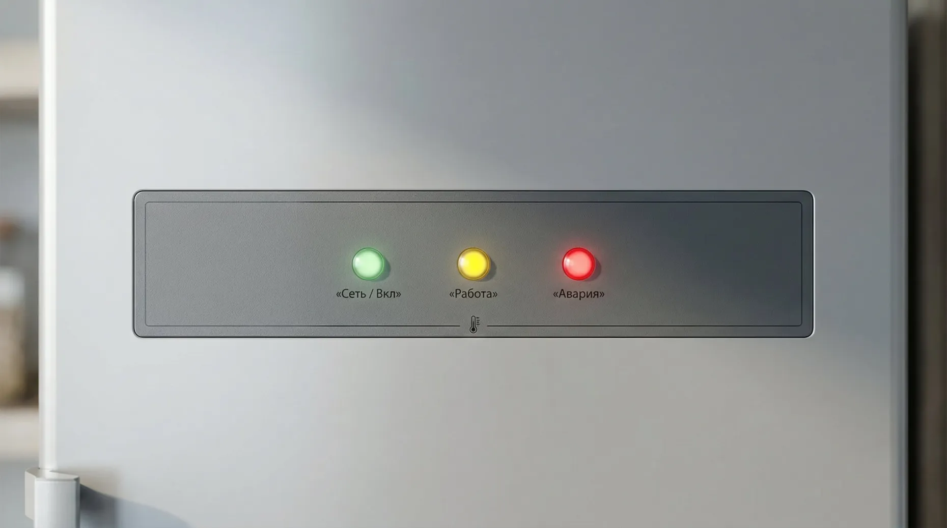 Минималистичная сцена передней панели морозильной камеры крупным планом. Светло-серый корпус, по центру горизонтальная панель с тремя круглыми индикаторами и маленькими подписями