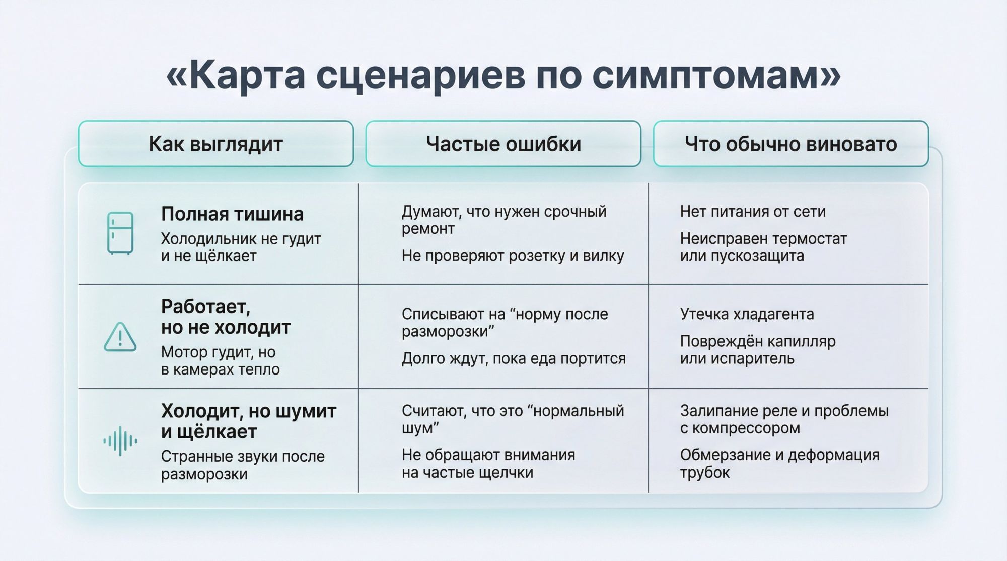 Плоская инфографика в виде таблицы 3×3: по вертикали три строки‑сценария, по горизонтали три колонки: «Как выглядит», «Частые ошибки», «Что обычно виновато». Заголовок над