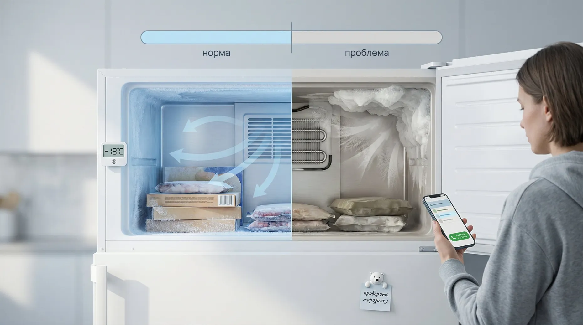 Горизонтальная сцена в разрезе морозильной камеры, показанной сбоку, в современном минималистичном стиле. Внутреннее пространство разделено на две визуальные зоны: слева камера