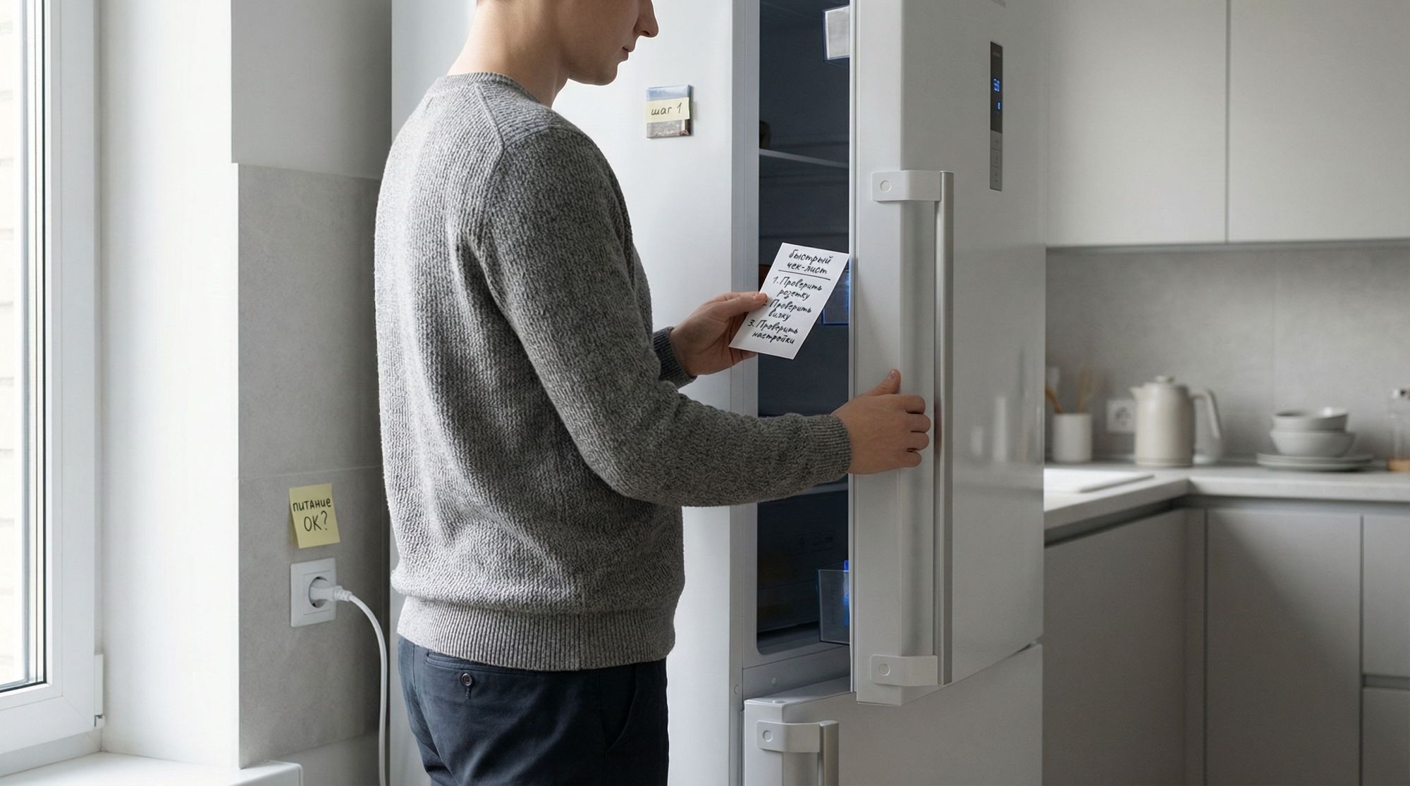 Современная, аккуратная кухня в нейтральных тонах, главный объект — стандартный холодильник в полный рост, немного в перспективе. Перед ним стоит человек в домашней одежде с