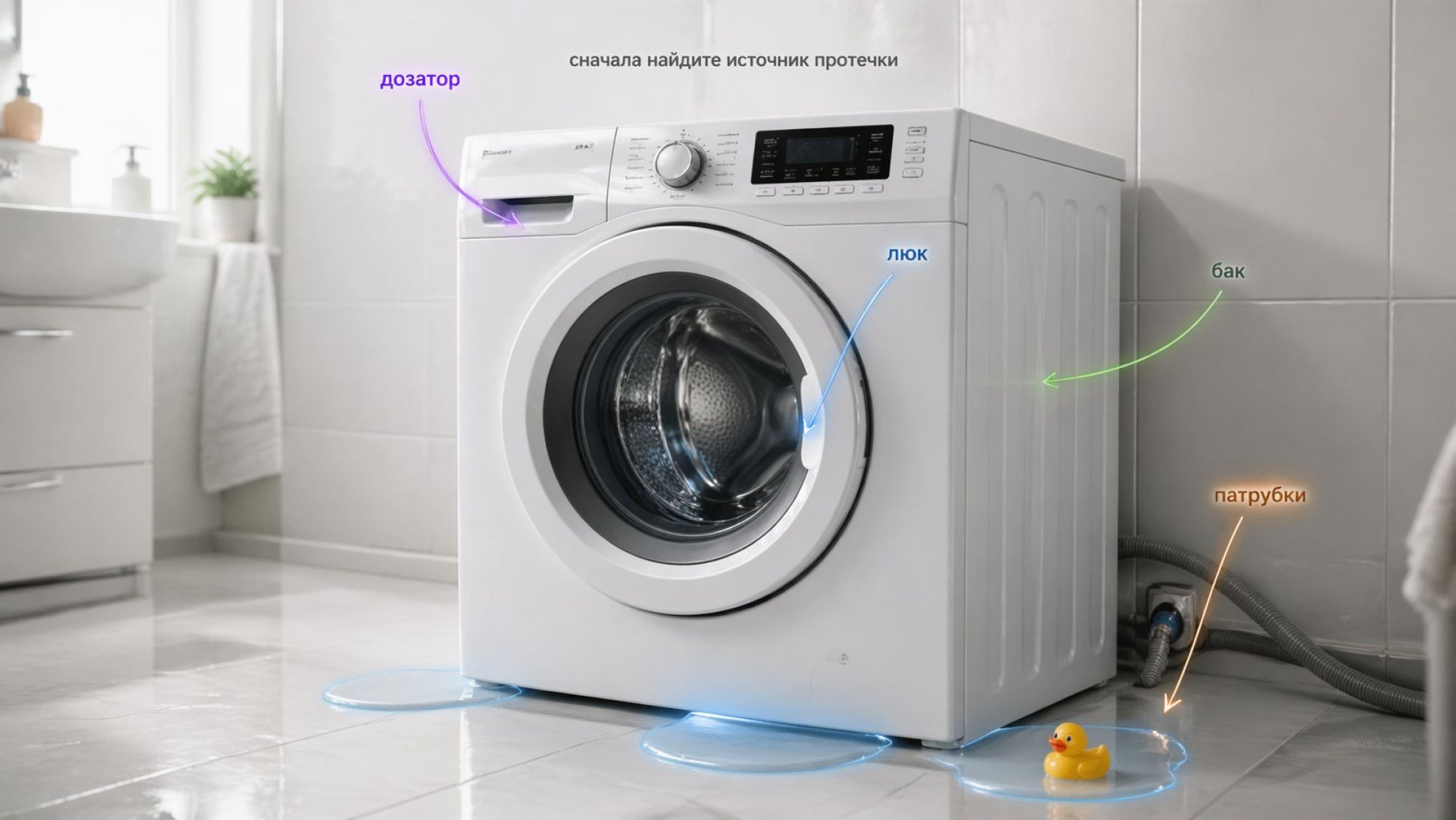 Современная стиральная машина фронтальной загрузки в ванной, вид немного сверху спереди. На белом полу под машиной небольшие подсвеченные голубым прозрачные лужицы, и от разных