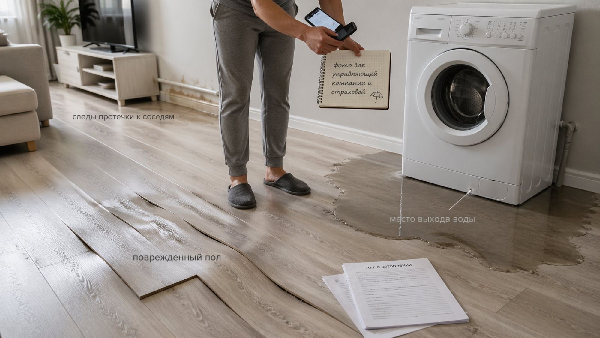 Современная квартира после затопления от стиральной машины, вид чуть сверху. Справа — белая стиральная машина, вокруг нее заметная лужа, от машины к полу тянется тонкая подпись