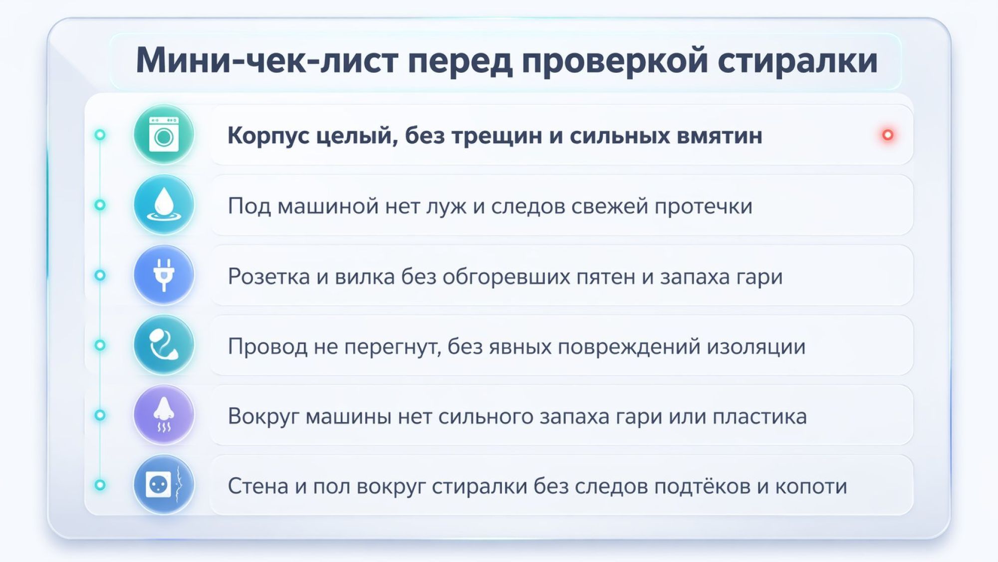Вертикальная инфографика в виде чек-листа «глазами перед любыми включениями». Слева — колонка из шести круглых иконок, справа от каждой — короткий текст. Вверху заголовок крупным