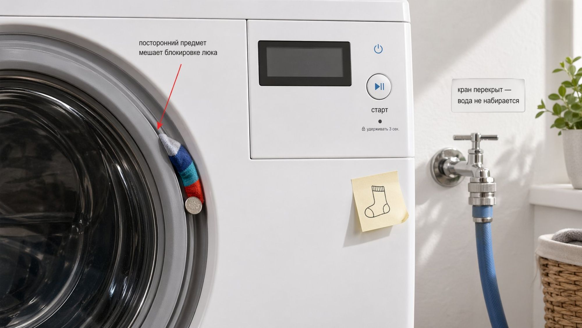 Современная стиральная машина на уровне пояса, показана фронтально, фон светлый, минималистичный. Сцена поделена на два смысловых блока. Слева крупным планом дверца люка: видно