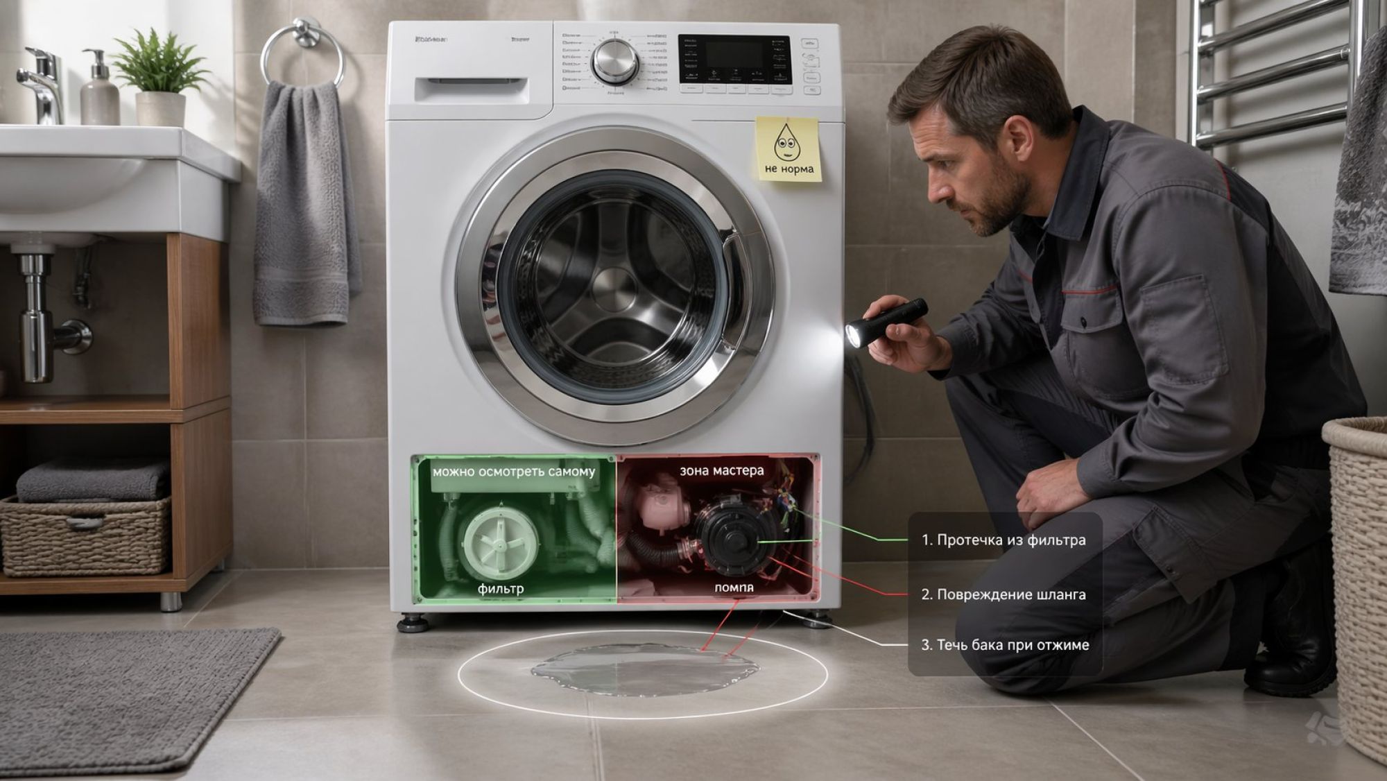 Небольшая современная ванная комната, вид немного сверху сбоку. В центре — фронтальная стиральная машина, снята нижняя декоративная крышка, откуда видна зона фильтра и помпы. На