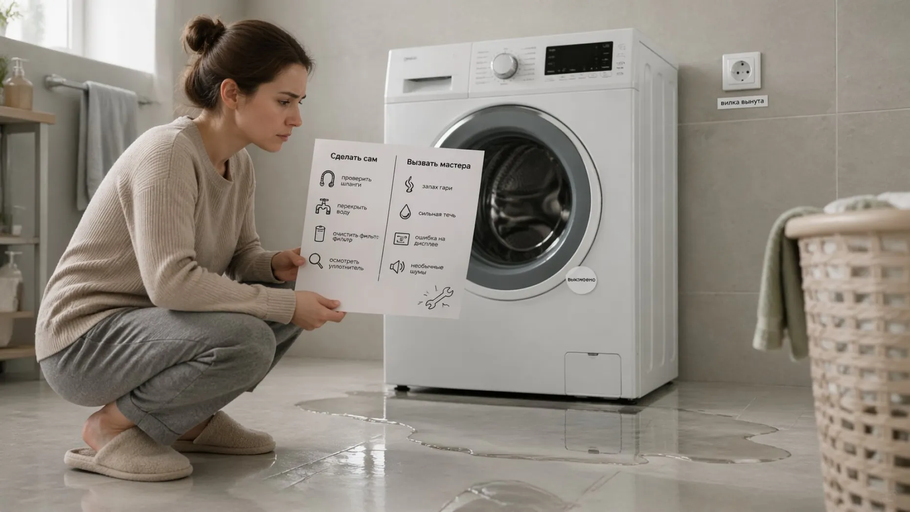 Современная ванная комната в нейтральных тонах. В центре — фронтальная стиральная машина, вокруг неё на полу небольшие лужицы воды. Перед машиной сидит на корточках человек в
