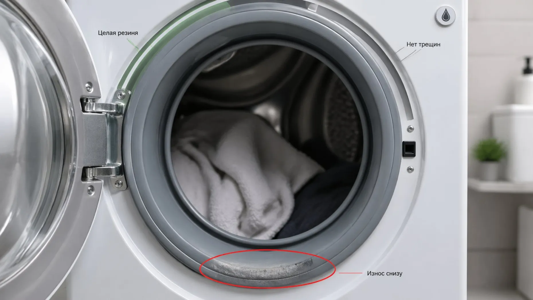 Полукадр фронтальной стиральной машины, дверца приоткрыта, в центре крупно видна манжета. Сцена поделена условными мягкими отметками на три зоны по окружности: нижняя часть