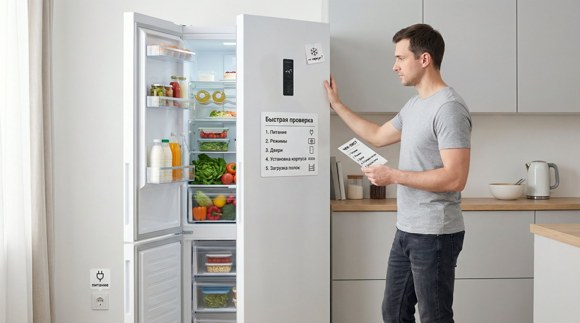 Горизонтальная иллюстрация: на переднем плане современный холодильник No Frost в светлой кухне, дверца слегка приоткрыта. Рядом стоит человек в домашней одежде (вид сбоку), в
