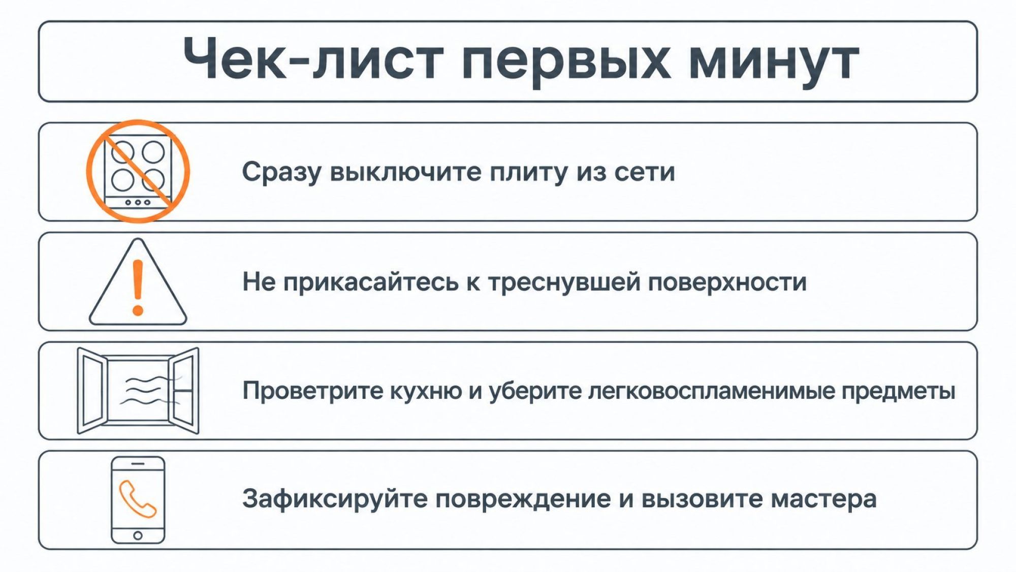 Вертикальная инфографика в виде чек‑листа «Первые минуты при трещине на плите». Вверху крупный заголовок по центру: «Чек‑лист первых минут». Под ним четыре горизонтальных