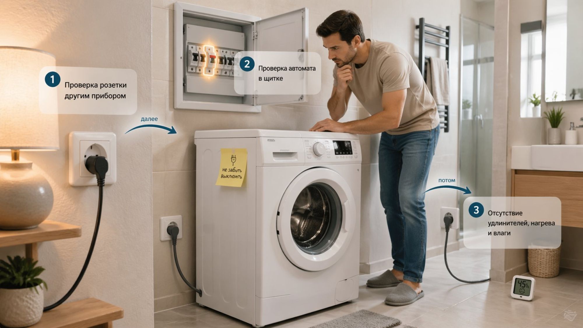 Современная светлая ванная комната в нейтральных тонах. В центре композиции фронтальная стиральная машина, рядом на стене простая настенная полка. Перед машиной на полу разложен