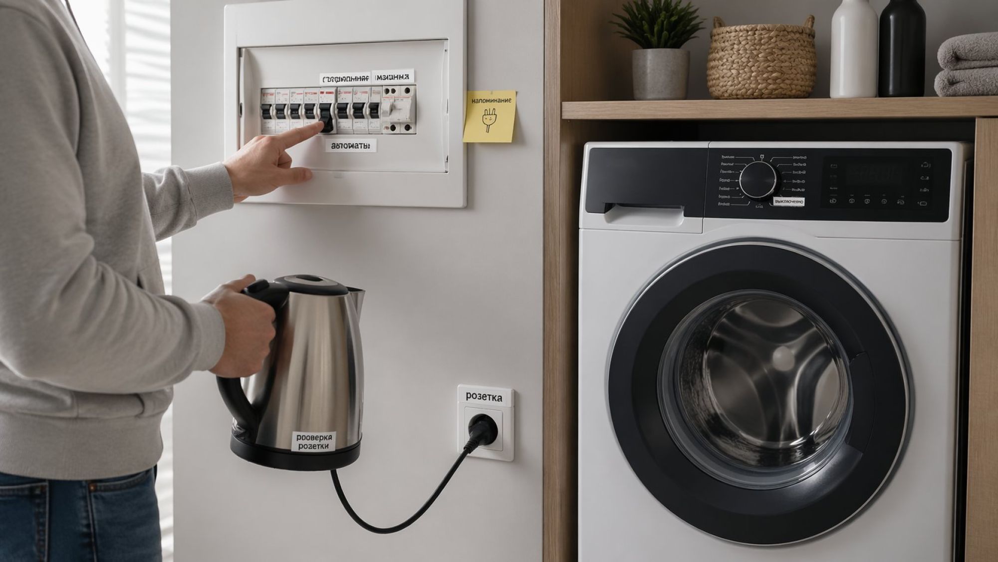 Современная аккуратная кухня или ванная комната в спокойных тонах. Справа — стиральная машина в нише, она выключена, на панели нет огней. Слева на стене виден домашний