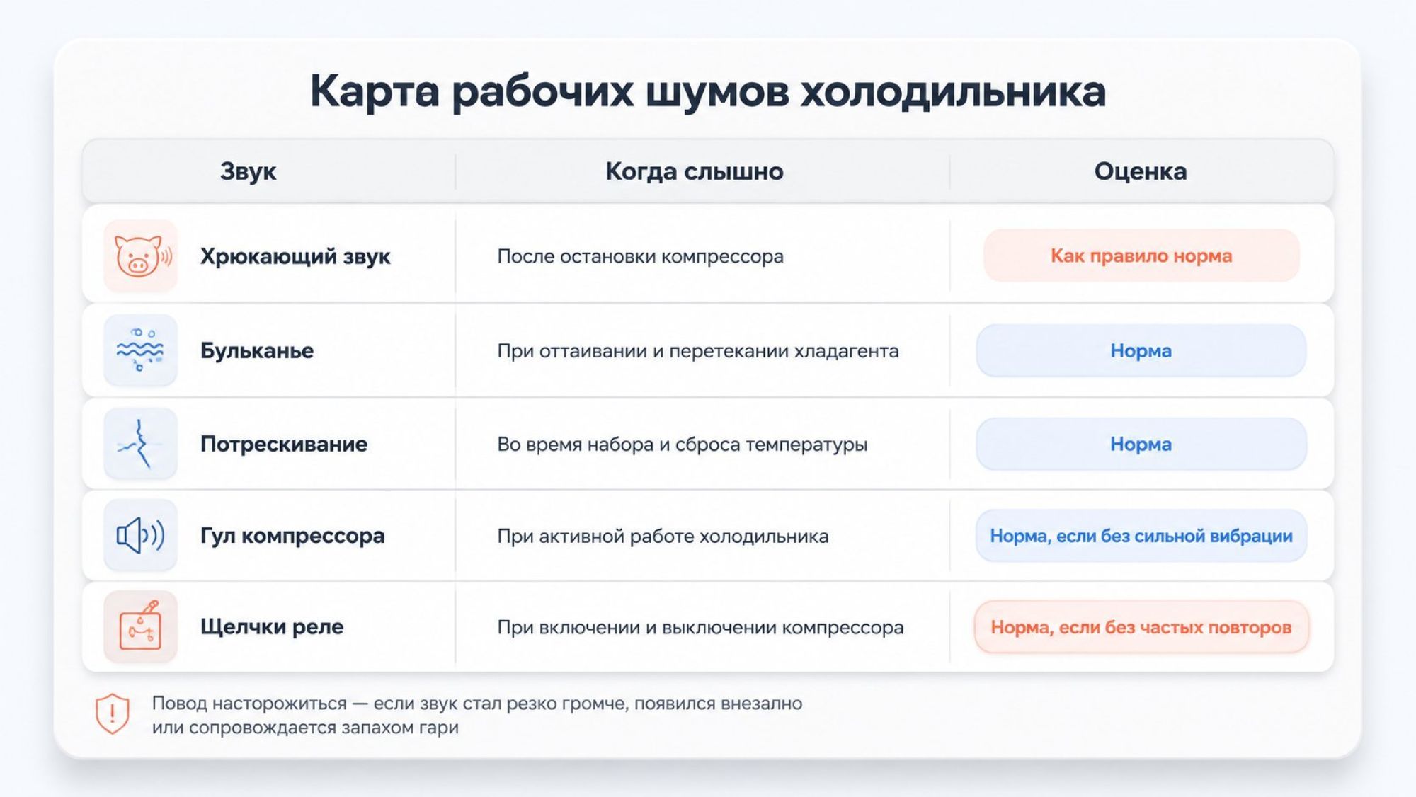 Вертикальная схема «Карта рабочих шумов», стилизованная под таблицу, разбитую на строки звуков. Вверху крупный заголовок: «Карта рабочих шумов холодильника». Под ним три небольших