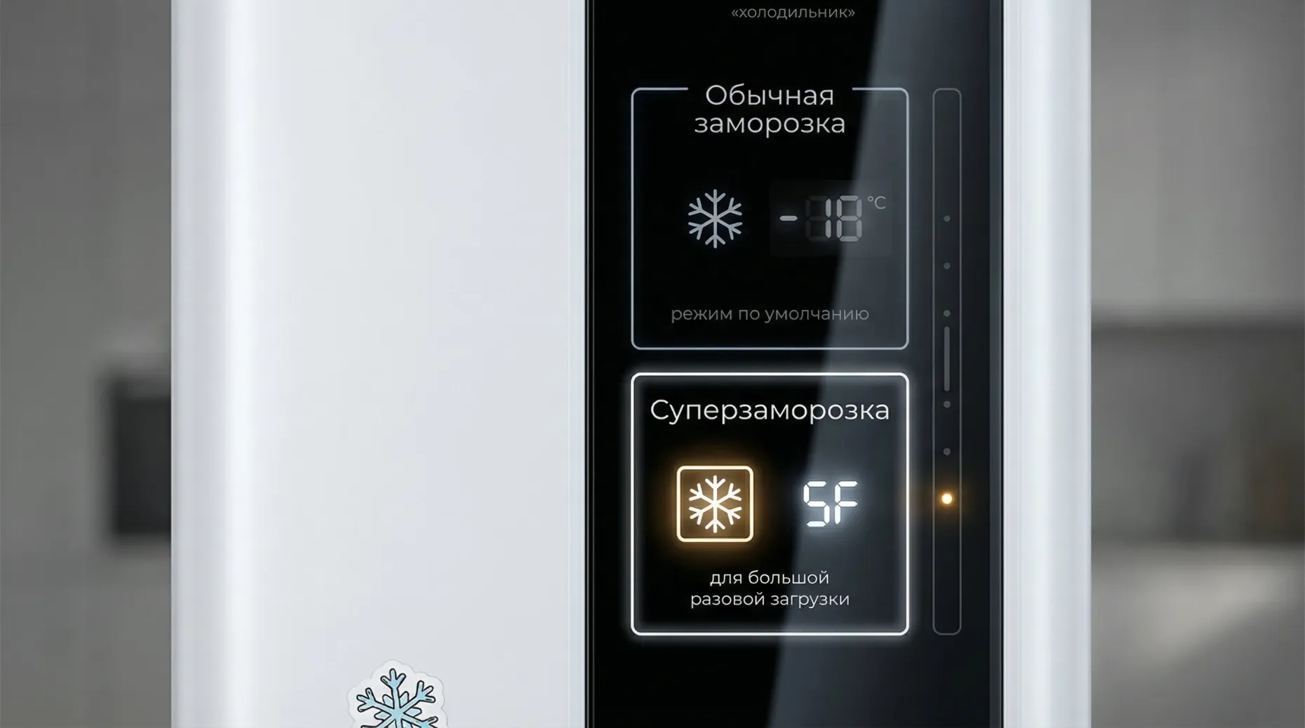 Горизонтальное изображение панели холодильника крупным планом в современном минималистичном стиле. Слева часть белой дверцы, справа — цифровая панель управления. На панели две